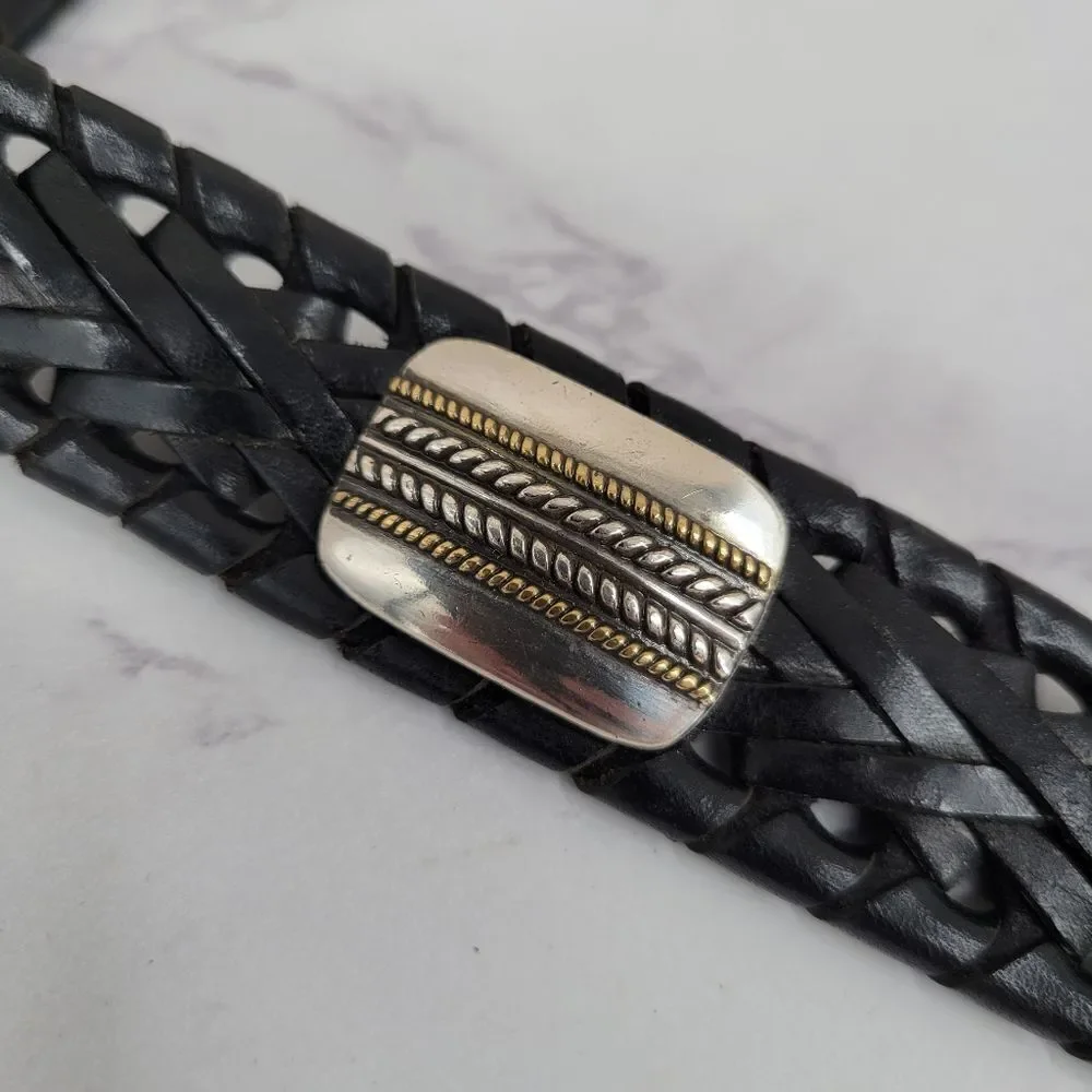 Roundtree & Yorke Black Woven Leather Belt with Silver & Gold Toned Conchos
